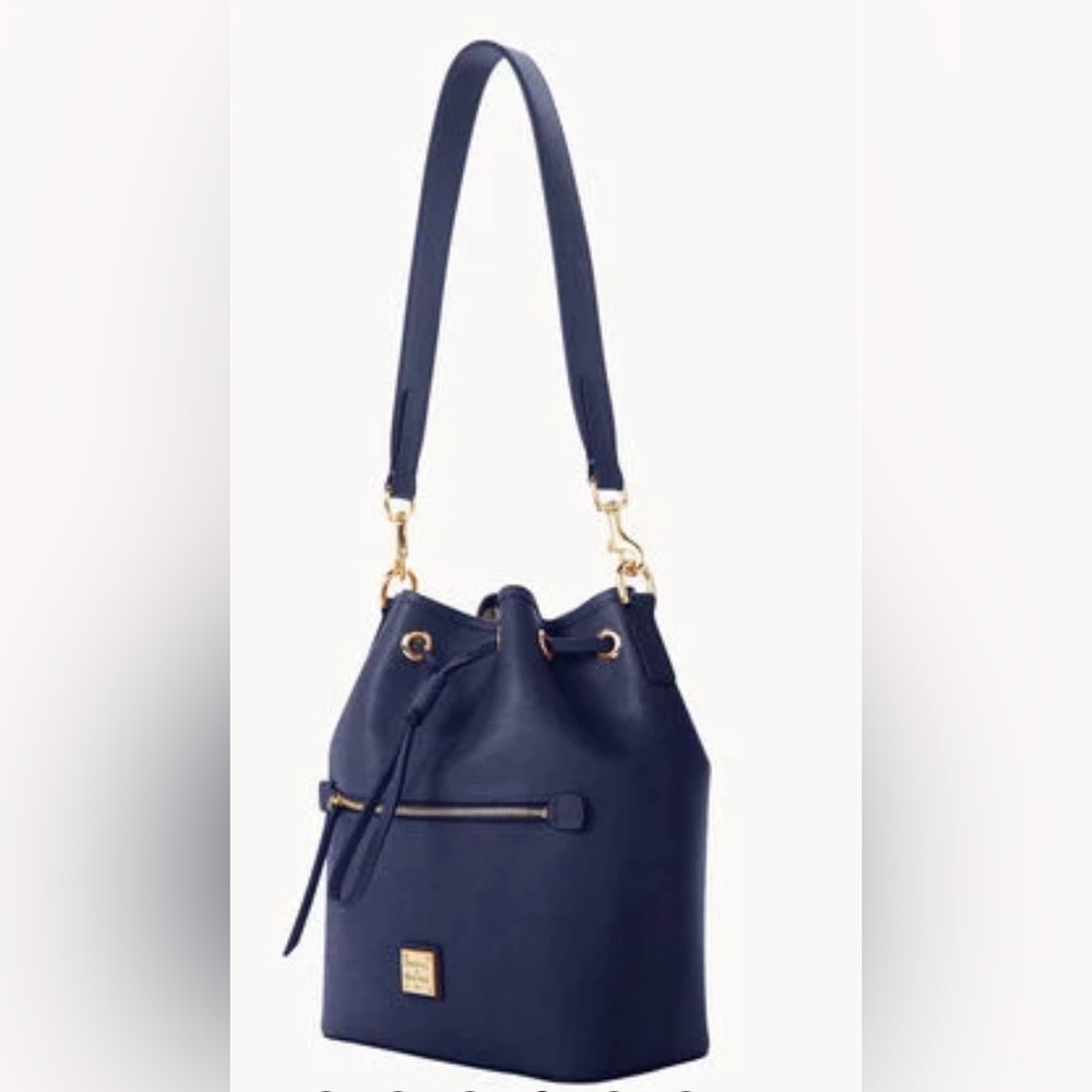 Dooney & Bourke Saffiano Drawstring Blue Leather Bucket Bag with Gold Hardware - Picture 2 of 4
